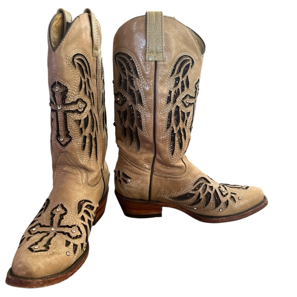 Seven Stars camel colored cross cowgirl boots snip toe size 6